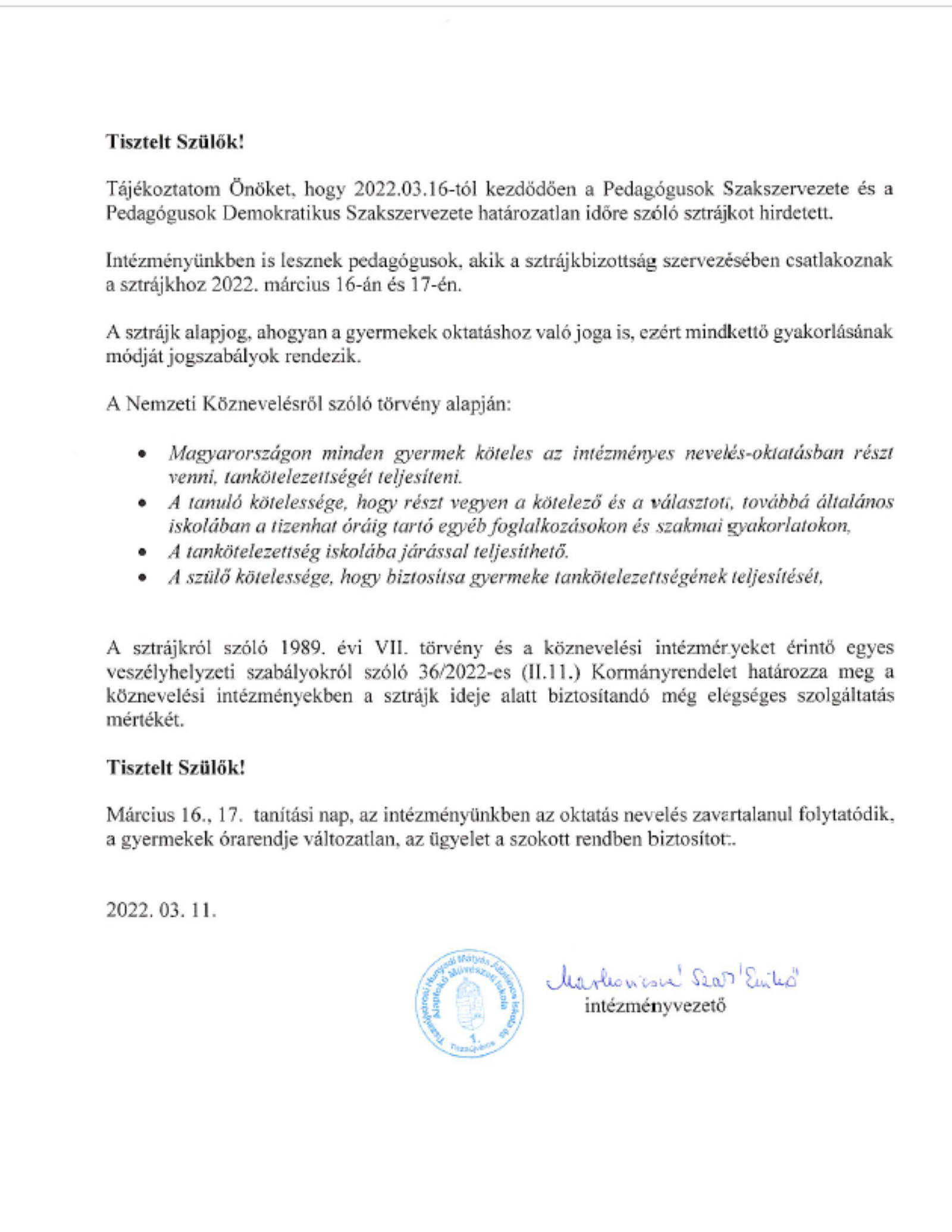 Szülői tájékoztatás pedagógussztrájkról